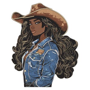 May include: Illustration of a woman wearing a brown cowboy hat and a blue denim jacket. The woman has long, wavy black hair and a serious expression. The artwork is detailed with shading and highlights, creating a textured appearance.
