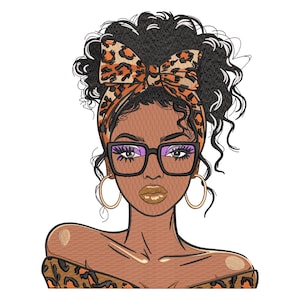 Motif de broderie élégant femme noire avec lunettes et turban, fichier de broderie Machine mode fille afro, femme africaine, 7 tailles, téléchargement