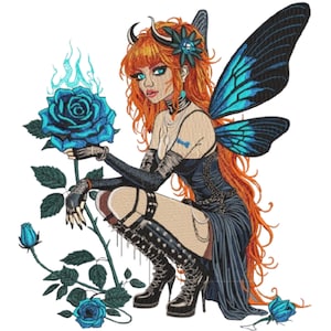 Fairy with Flowers Embroidery Design, Gothic fairy with Brown Hair & Blue Flowers, Fairy Embroidery Machine File,5 Sizes, Format DST PES