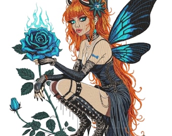 Fairy with Flowers Embroidery Design, Gothic fairy with Brown Hair & Blue Flowers, Fairy Embroidery Machine File,5 Sizes, Format DST PES