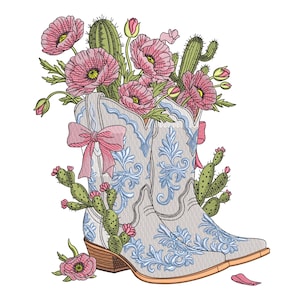 Western Cowgirl Boot Embroidery Design File, Boho Floral Boot, Cowgirl Machine Embroidery Pattern,7 Sizes, Format DST PES, Instant Download