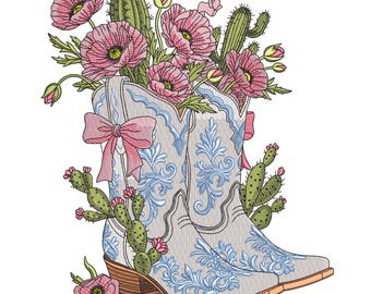 Western Cowgirl Boot Embroidery Design File, Boho Floral Boot, Cowgirl Machine Embroidery Pattern,7 Sizes, Format DST PES, Instant Download