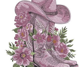 Cowboy Hat Boots Embroidery Design, Western Floral Machine Embroidery Pattern,Rustic Country Cowgirl Flower Embroidery File,7 Sizes,Download