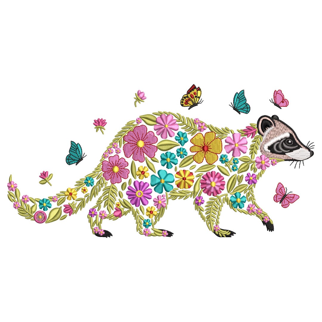Floral Raccoon Embroidery Design, Colorful Animal Pattern for Machine ...