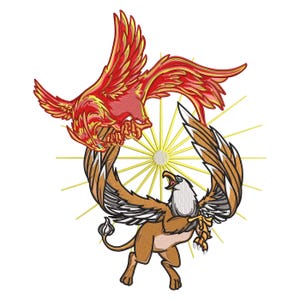 Mythical Phoenix & Griffin Embroidery Design, Fantasy Fire Bird And Winged Beast Pattern, Machine Embroidery File, 7 Sizes, Instant Download