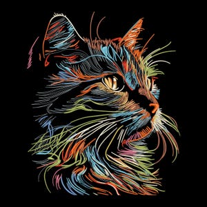 Colorful Thread Art Cat Embroidery Design, Fluffy Rainbow, Cat Embroidery, Artistic Feline Line Stitch Pattern, 5 Sizes, DST PES, Download