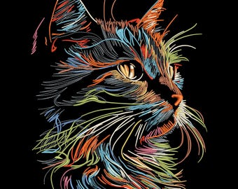Kleurrijke draadkunst kat borduurwerk ontwerpen, pluizige regenboog, kattenborduurwerk, artistiek katachtig lijnsteekpatroon, 5 maten, DST PES, download