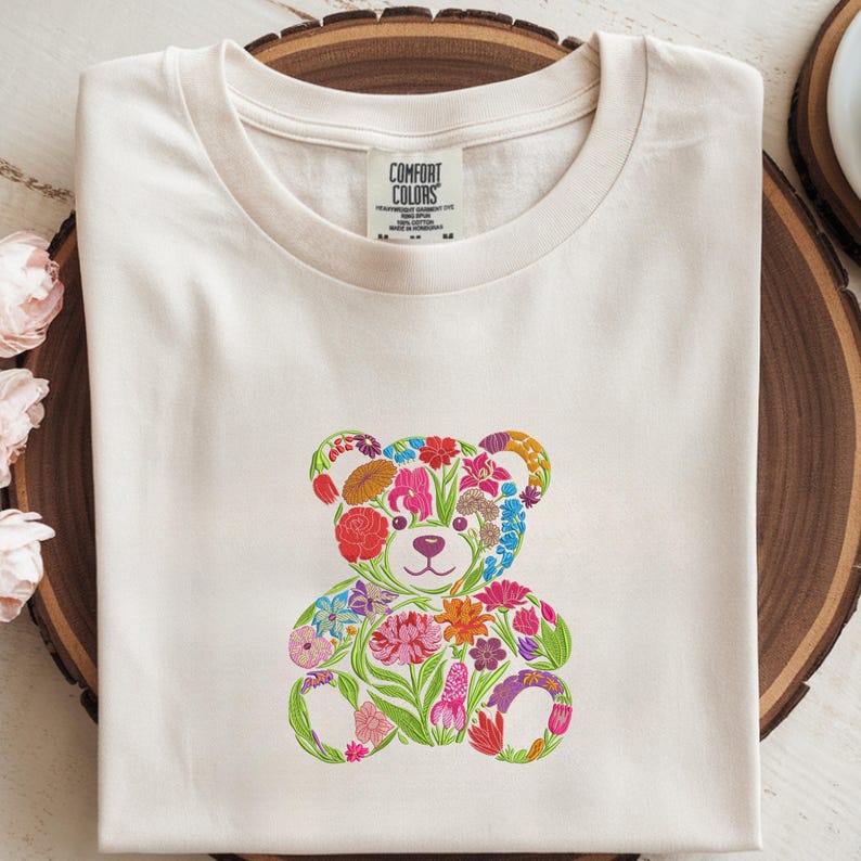 花柄テディベア刺繍デザイン、かわいい動物クマの機械刺繍パターン、下クマの機械刺繍ファイル、7サイズ、PESをダウンロード 画像 15