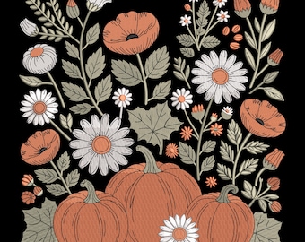 May include: An embroidered design featuring orange pumpkins and various flowers, including daisies and poppies, set against a black background. The floral elements are in shades of white, orange, and green, creating a fall or harvest theme.