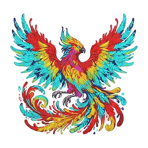 Bunter Phoenix Stickdatei, Feuervogel Stickdatei, Mythischer Phoenix, 6 Größen, Format DST PES, Instant Download