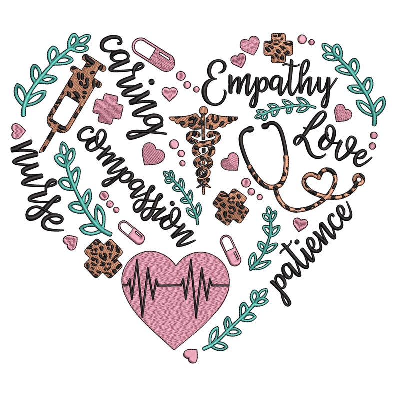 Nurse Heart Word Art Embroidery Design, Medical Symbols, Caring ...