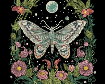 Cosmic Butterfly Embroidery Design, Floral Moth Pattern, Lunar Garden Machine Embroidery File, Boho Nature Design, 6 Sizes, PES DST EXP