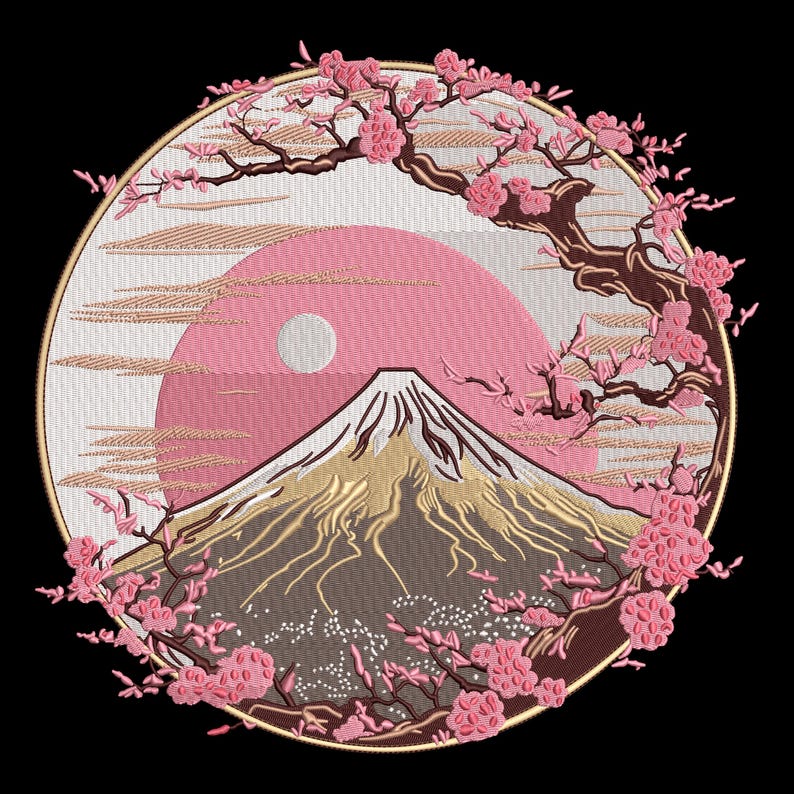 Mount Fuji Sakura Circle, Japanese Landscape Embroidery Design, Cherry ...