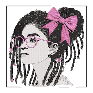 Mädchen mit Brille, Stickdatei, Afro Haar mit rosa Schleife, modernes Portrait Muster, Afro Dreadlocks Portrait, Lockiges Haar, 6 Größen, Download
