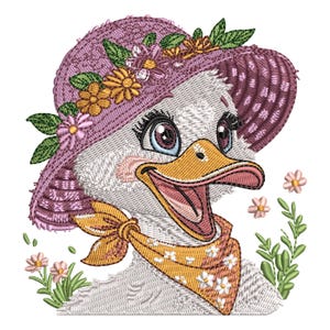Cute Goose Embroidery Design, Floral Farm Goose with Hat, Mama Goose Machine Embroidery File, Country Animal Pattern, 6 Sizes, Download PES