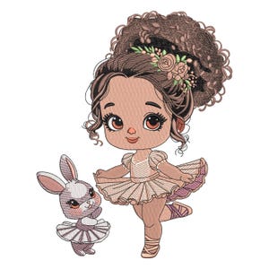 May include: An embroidered design featuring a ballerina with brown skin, wearing a pink tutu and ballet shoes, and a matching bunny. The ballerina has brown curly hair adorned with flowers. The bunny also wears a tutu.