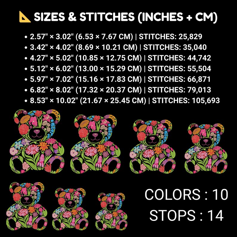 花柄テディベア刺繍デザイン、かわいい動物クマの機械刺繍パターン、下クマの機械刺繍ファイル、7サイズ、PESをダウンロード 画像 5