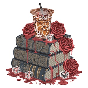 May include: An embroidered design featuring a stack of three antique books with ornate gold detailing, topped with a coffee drink in a clear cup with a straw. Red roses and dripping red liquid, along with ice cubes, complete the design.