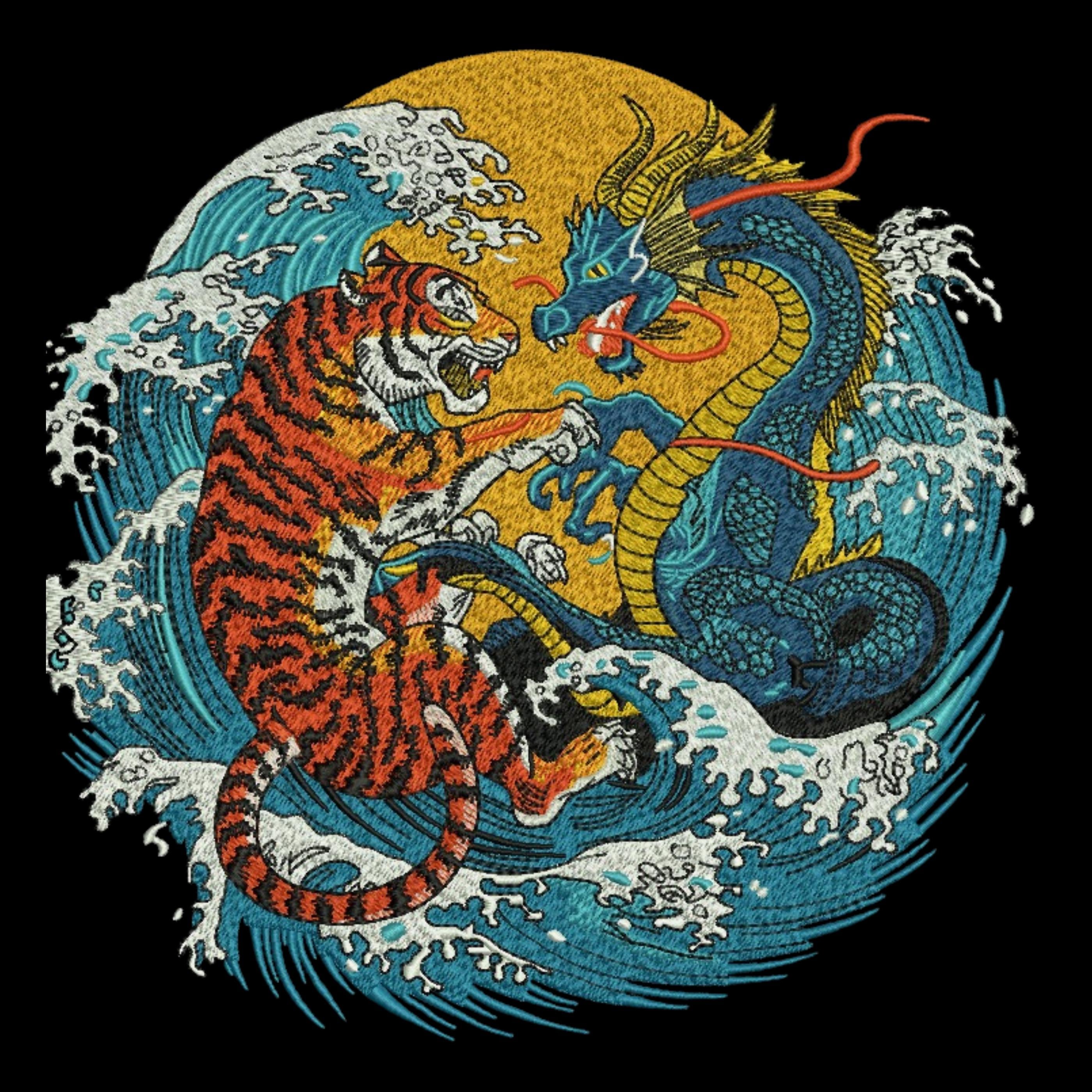 Tiger & Dragon Embroidery File, Machine Embroidery Design, Tiger and Dragon Embroidery Design ,5 Sizes, Format DST PES, Instant Download