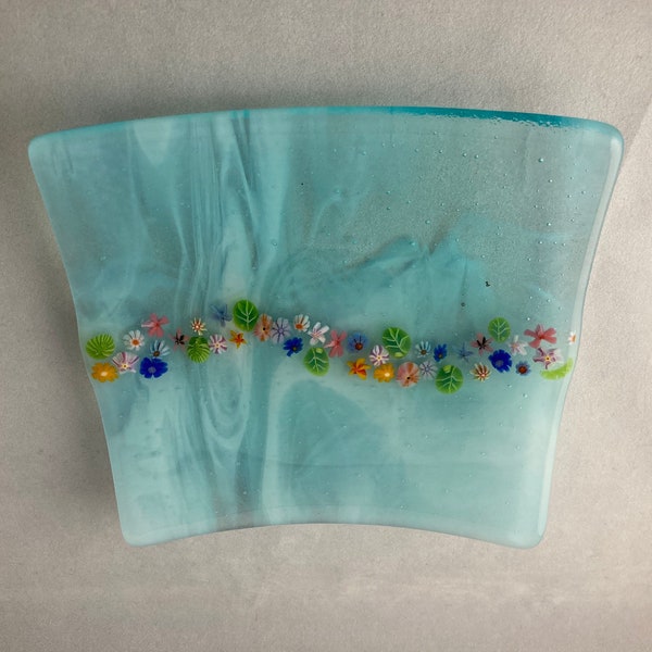 Floral path on aqua streaked fused glass dish