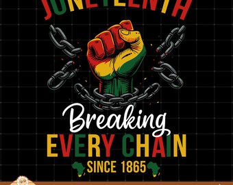 May include: A graphic design with the word "Juneteenth" in red and yellow above a fist in the colors of the Pan-African flag breaking chains. The text "Breaking Every Chain Since 1865" is below the fist.