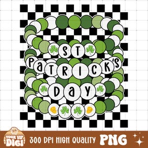 May include: Green, white, and gold shamrock patterned beads with the words "St. Patrick's Day" on a black and white checkered background.