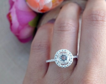 Aria - 6mm white topaz CZ halo ring. diamond pave ring. engagement ring. sterling silver brilliant cut gemstone ring. size 7