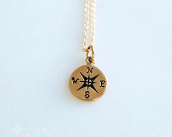 north left - golden compass pendant. 14K goldfill dainty necklace. bronze pendant direction