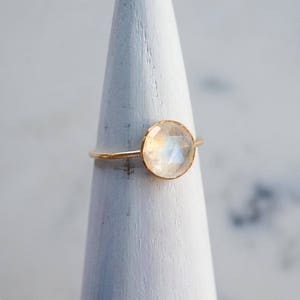 8mm faceted rainbow moonstone 14K GOLD-FILL ring. stackable rings. gemstone ring dainty gold white blue flash rose cut gem ring