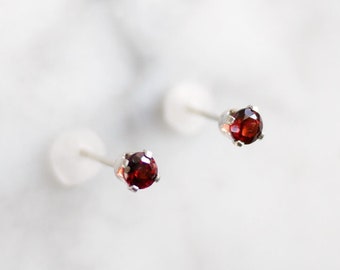 amore - 3mm red garnet earrings. gemstone studs. tiny gem stud. gold or silver. dark red wine ruby red stud earrings