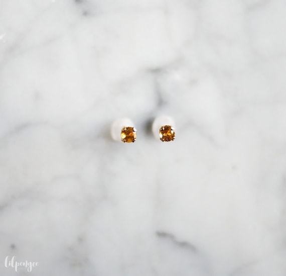 3mm citrine studs.  golden citrine gemstone earrings. tiny yellow gem stud. gold or silver