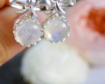 SALE. rainbow moonstone silver bow earrings. gem drop earrings. cute bow earrings silver gemstone earrings