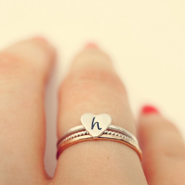 initially SET - initial heart ring. monogram ring. heart ring. personalized stacking ring SET.