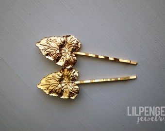 Gold leaf hair pin. brass bobby pins. floral nature leaves bridal hair. hair accessories. Woodland Wedding.