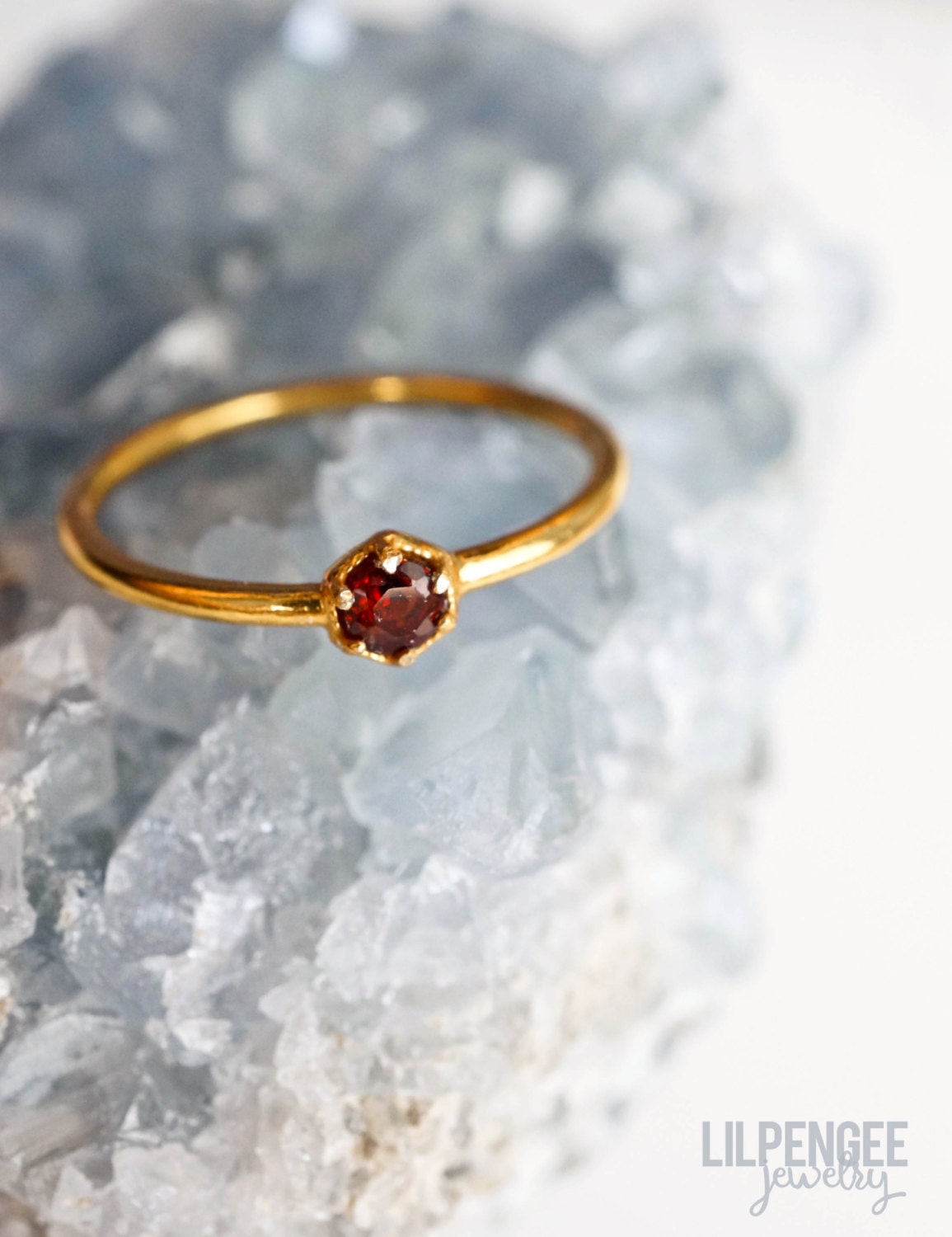 3mm RED GARNET gold ring. HEXAGON gem gold vermeil dainty ring | Etsy