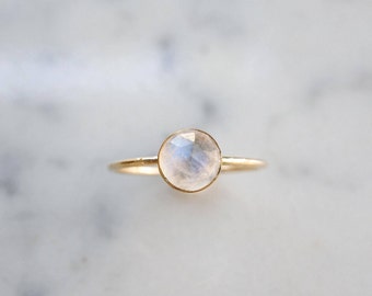 6mm faceted rainbow moonstone 14K GOLD-FILL ring. stackable rings. gemstone ring dainty gold white blue flash rose cut gem ring