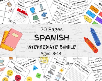 Spanish Bundle For Kids, 20 Pages | Spanish Intermediate to Middle School Worksheets for Ages 8-14 | Printable Kids Quiet Workbook Activity