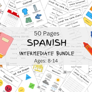 Spanish Bundle For Kids , 50 Pages | Spanish Intermediate to Middle School Worksheets for Ages 8-14 | Printable Kids Quiet Workbook Activity