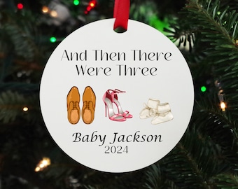 And Then There Were Three Ornament  Pregnancy Announcement Ornament Personalized Family Ornament Personalized Ornament Shoe Lover Gift