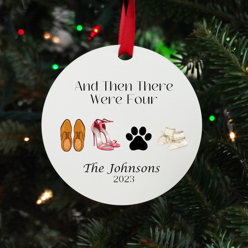 And Then There Were Four Ornament Pregnancy Announcement Ornament Personalized Family Ornament Personalized Ornament Shoe Lover Gift image 1