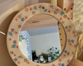 Handmade Ceramic Floral Mirror: Boho Wall Decor (8in)