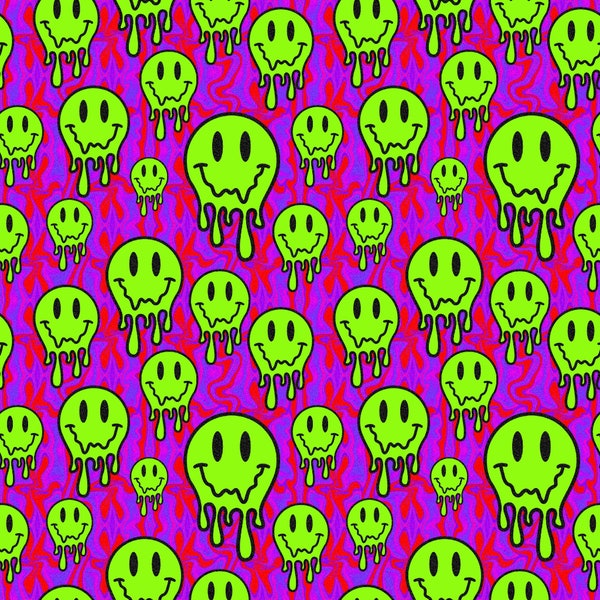 Trippy, tropfendes, neongelbes Smiley-Gesicht, psychedelischer digitaler Download, Wiederholung, nahtloses Muster, kleinerer Maßstab.