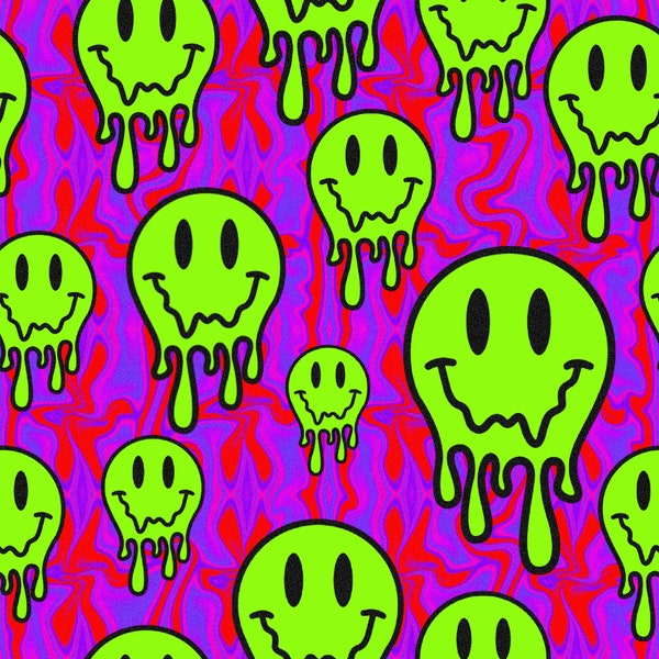 abgefahrenes, tropfendes Neongelb-Smiley-Gesicht psychedelischer digitaler Download wiederholen Sie das nahtlose Muster in größerem Maßstab.