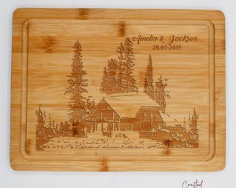 Personalized Mountain Wedding Cutting Board: Engraved Wood Charcuterie Board