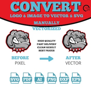 Puede incluir: Una imagen de antes y después que muestra una ilustración de bulldog pixelada convertida en una imagen vectorial. La imagen vectorial está disponible en los formatos SVG, PDF, AI, PNG, DXF y EPS. El texto "CONVERT LOGO & IMAGE TO VECTOR & SVG MANUALLY VECTORIZED" está en la parte superior de la imagen.