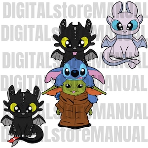 Puede incluir: Una ilustración digital de cinco personajes de dibujos animados. Los personajes son un dragón negro, un dragón azul claro, un dragón morado, un extraterrestre azul con tres orejas y un extraterrestre verde con orejas grandes. Los personajes son todos sonrientes y tienen ojos grandes.
