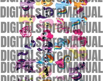 Può includere: Un collage digitale di personaggi di My Little Pony. I personaggi sono tutti di colori diversi e hanno espressioni diverse. Lo sfondo è bianco.