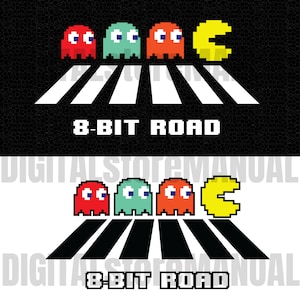 Könnte beinhalten: Ein Pixelbild von vier Pac-Man-Geistern und einem Pac-Man-Charakter, die eine Straße überqueren. Die Geister sind rot, grün, orange und gelb. Der Text "8-BIT ROAD" befindet sich unter dem Bild.