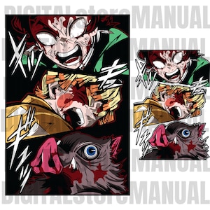 Puede incluir: Ilustración gráfica con tres personajes de anime con expresiones intensas y salpicaduras de sangre. El personaje superior tiene cabello rojo y una prenda verde, el personaje del medio tiene cabello amarillo y el personaje inferior es una criatura parecida a un jabalí.