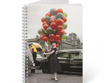 Audrey Hepburn A5 Notebook - Colorful Balloons Funny Face - Lined Journal for Writers - Vintage Cinema Lover Gift